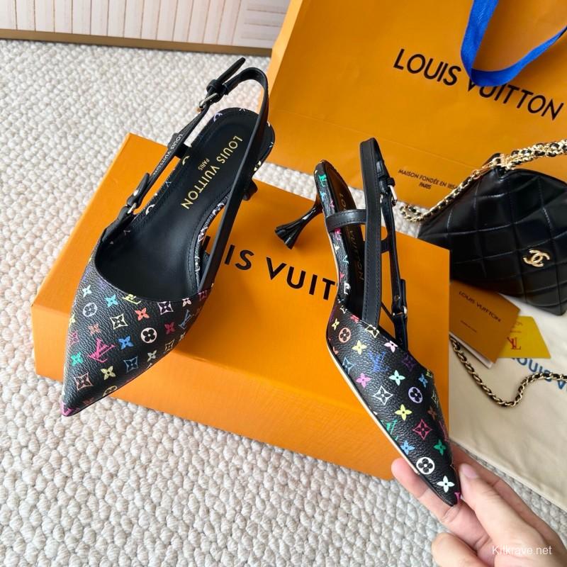 2025 Women Louis Vuitton Multicolor Canvas Leather Slingback Heels KFY00300