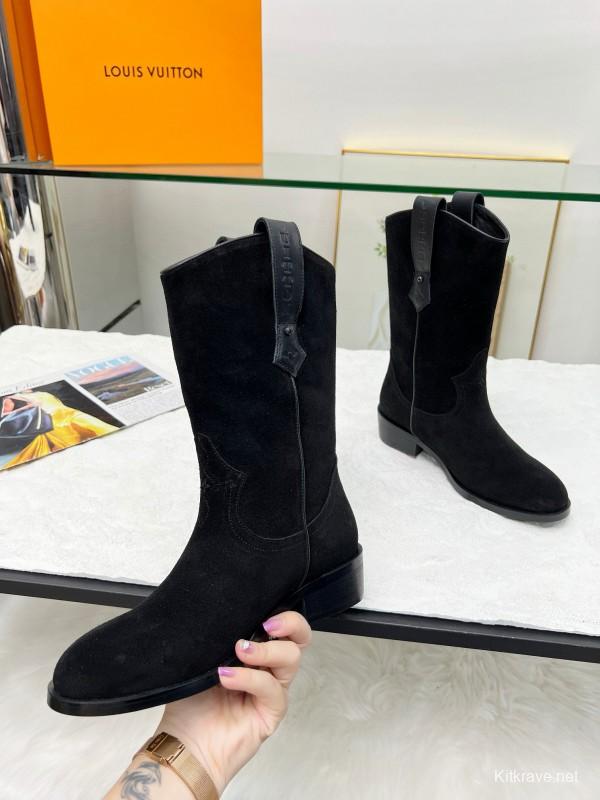 2024 Women Louis Vuitton black leather suede boots MJ00360