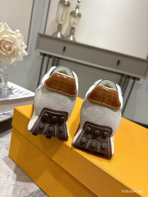 2025 Women TOD'S White Brown Beige Leather Suede Sneakers