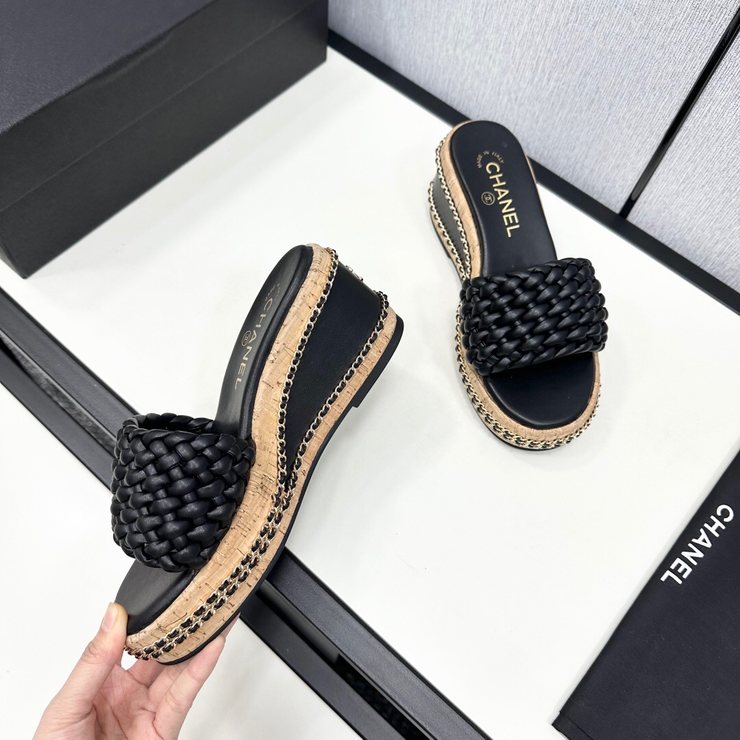 2025 Women Chanel Black Leather Woven Platform Sandals