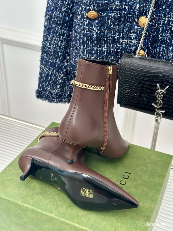 2024 Women Gucci Brown Calfskin Ankle Boots Chain Detail MJ00410