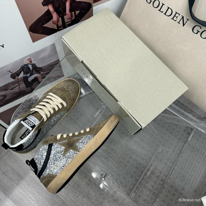 2024 Unisex Golden Goose Deluxe Brand Grey Silver Glitter Suede Leather High-Top Sneakers MJ00300