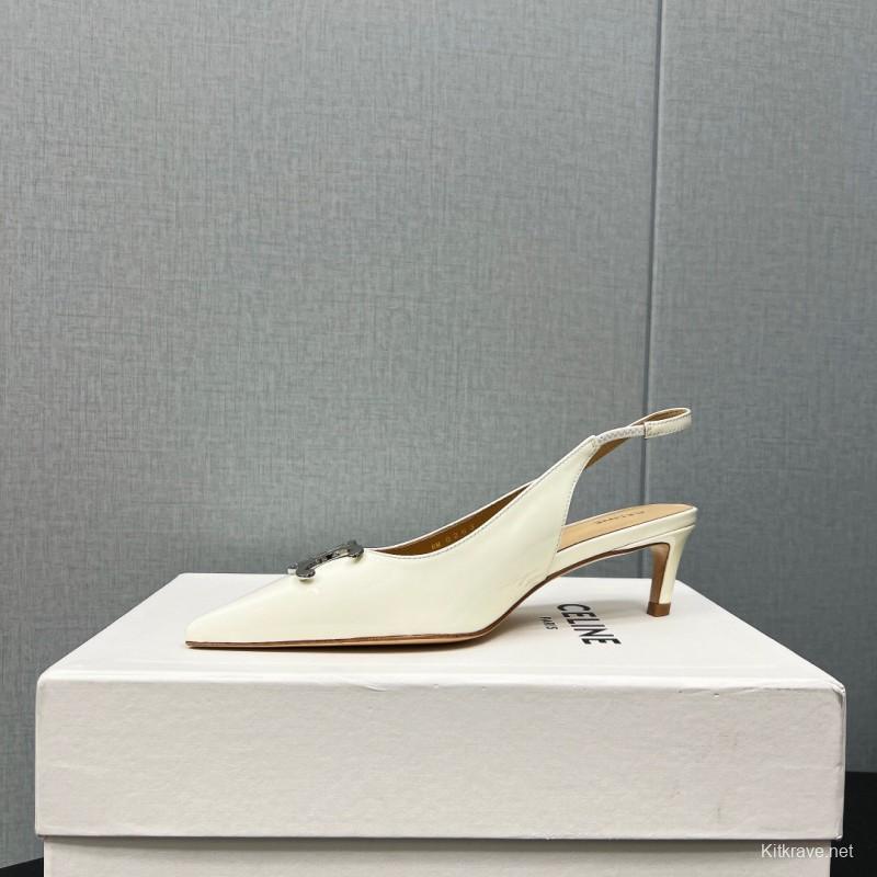 2025 Women Celine White Patent Leather Kitten Heel Pointed Toe Trimed KFY00290