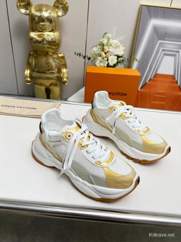 2025 Women Louis Vuitton White Gold Mesh Leather Sneakers LY00340