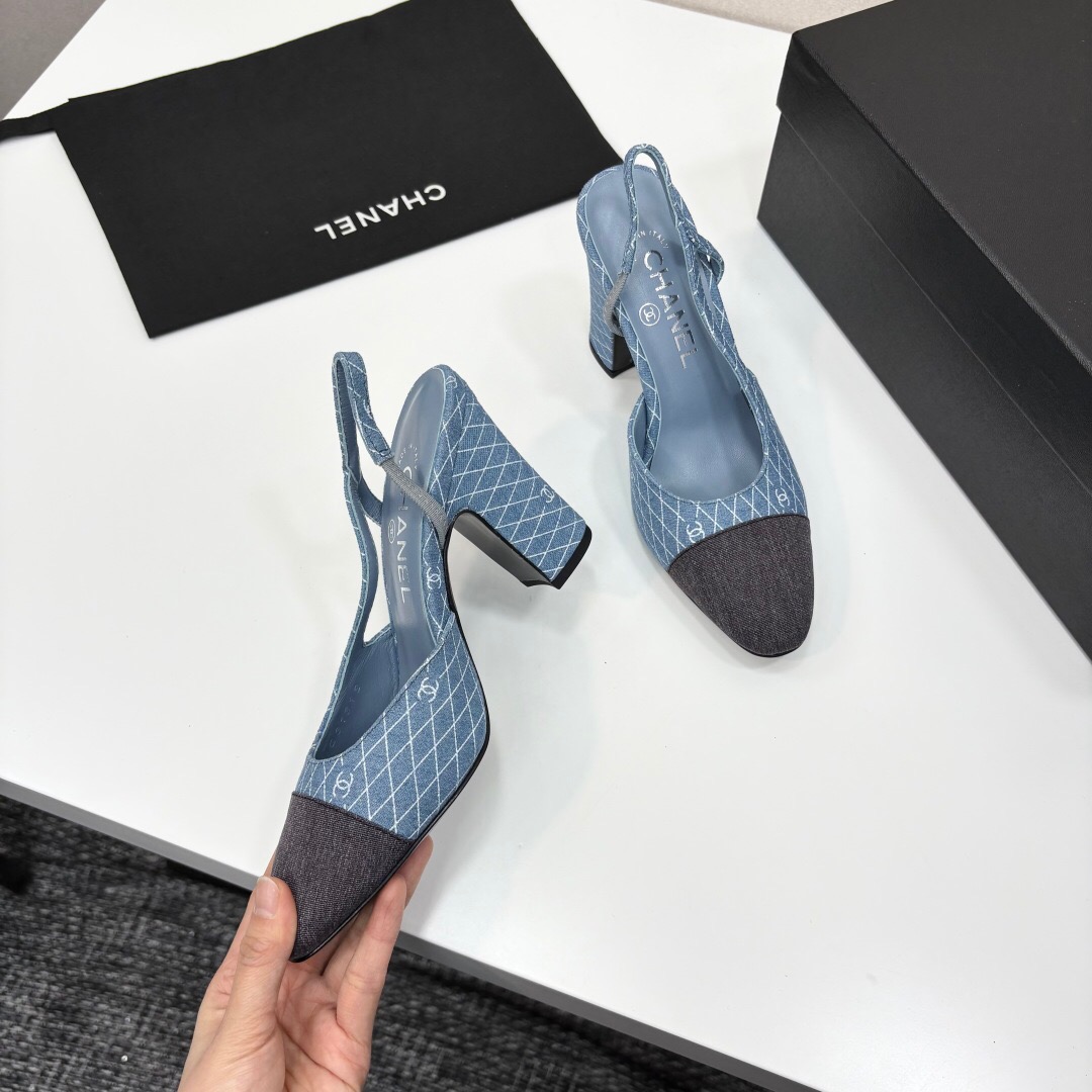2025 Women Chanel Blue Black Denim Leather Slingback LY00270