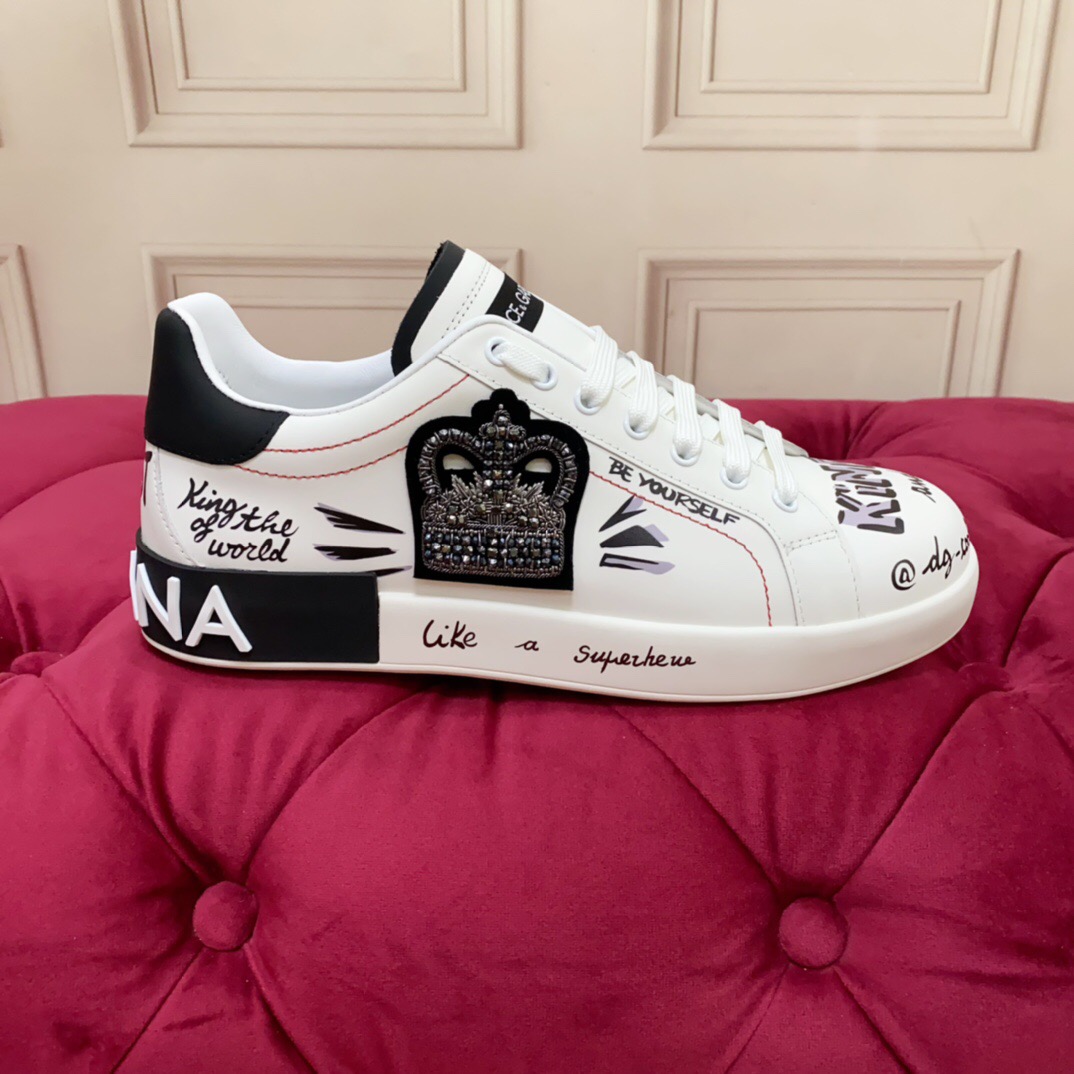 2025 Women Dolce & Gabbana White Black Leather Sneakers LY00340(F)
