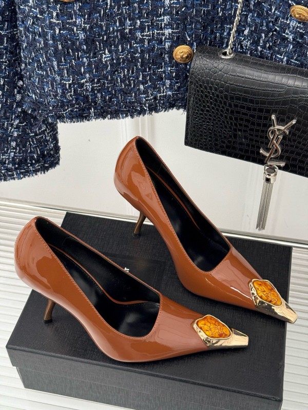 2024 Women Yves Saint Laurent Brown Patent Leather High Heels Metal Tip MJ00330
