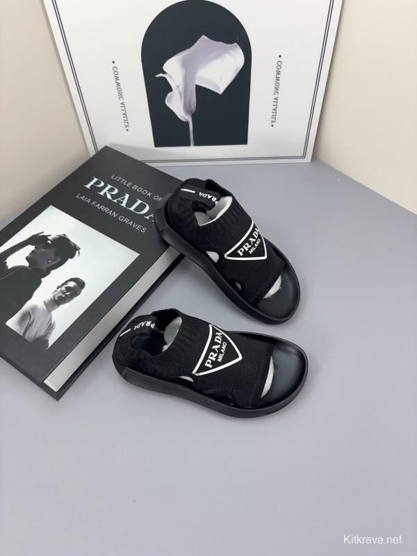 2025 Kids PRADA Black White Fabric Sandals