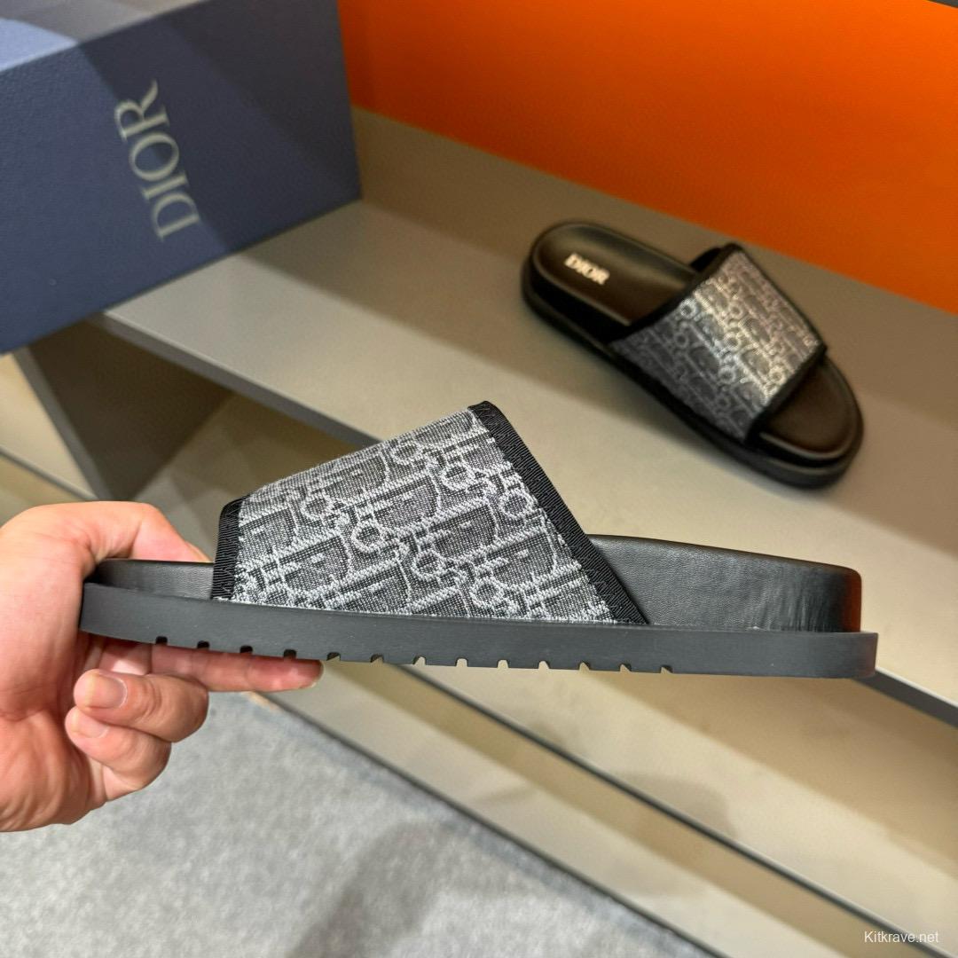2024 Dior black grey canvas leather Slippers MJ00180