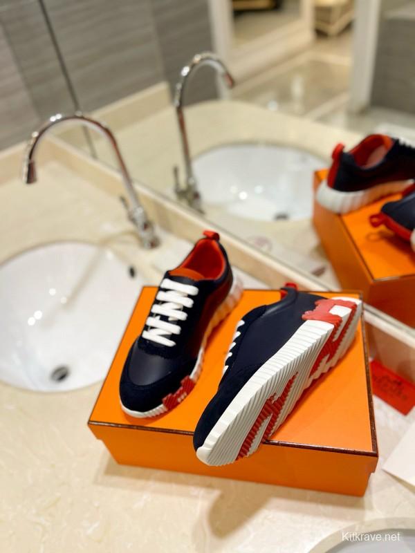 2024 Unisex Hermès Navy Red White Imported Glazed Calf Suede Rain Velvet Sneakers MJ00320