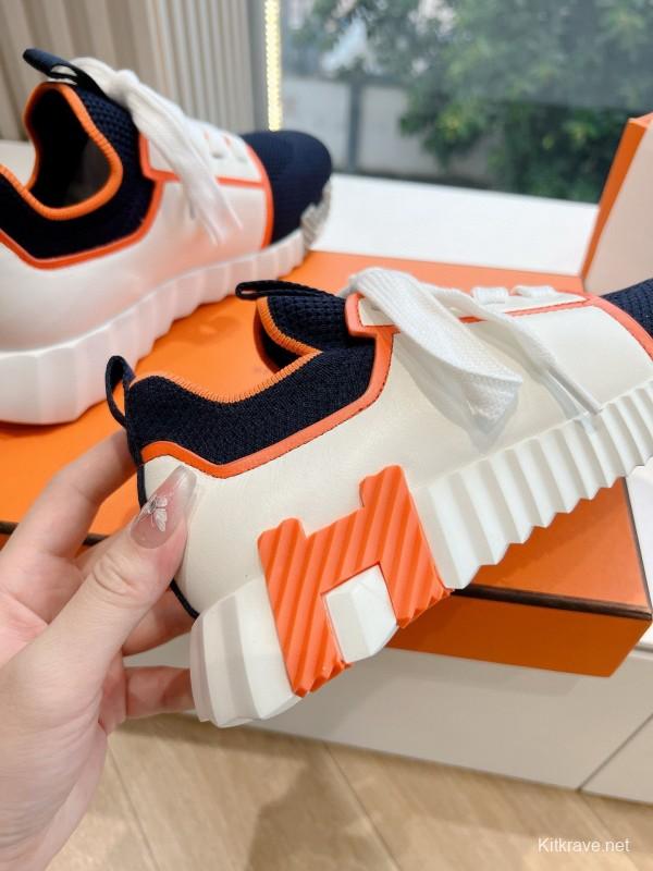 2024 Unisex Hermès 爱H Navy Orange Knit Leather Sneakers 