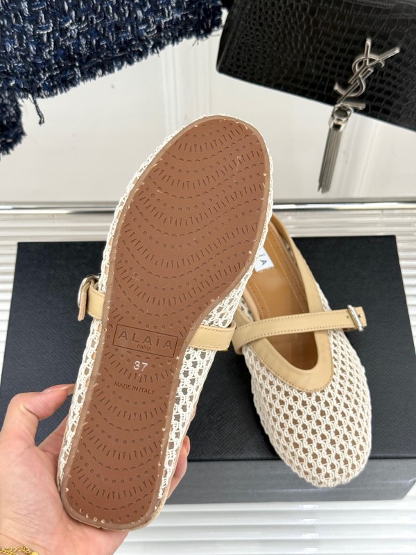 2025 Slippers ALALIA Beige Mesh Leather Flat Buckle