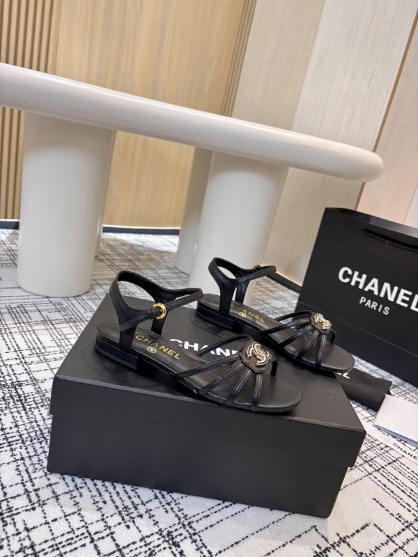 2025 Women Chanel Black Leather Sandals LY00270