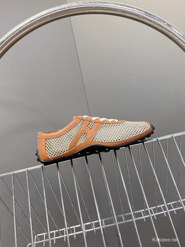 2025 Women Hermès Beige Brown Leather Mesh Sneakers KFY00250