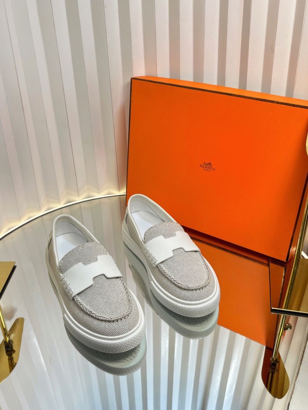 2025 Women Hermès White Mesh Leather Casual Loafers LY00310