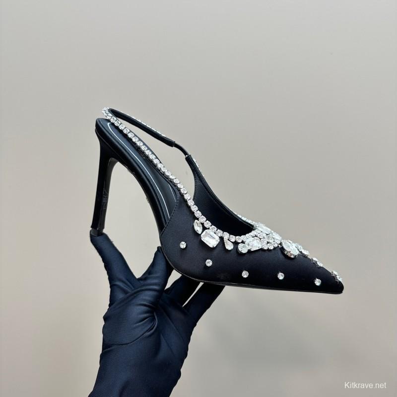 2025 Women Gucci Black Satin Crystal Embellished Slingback Heels