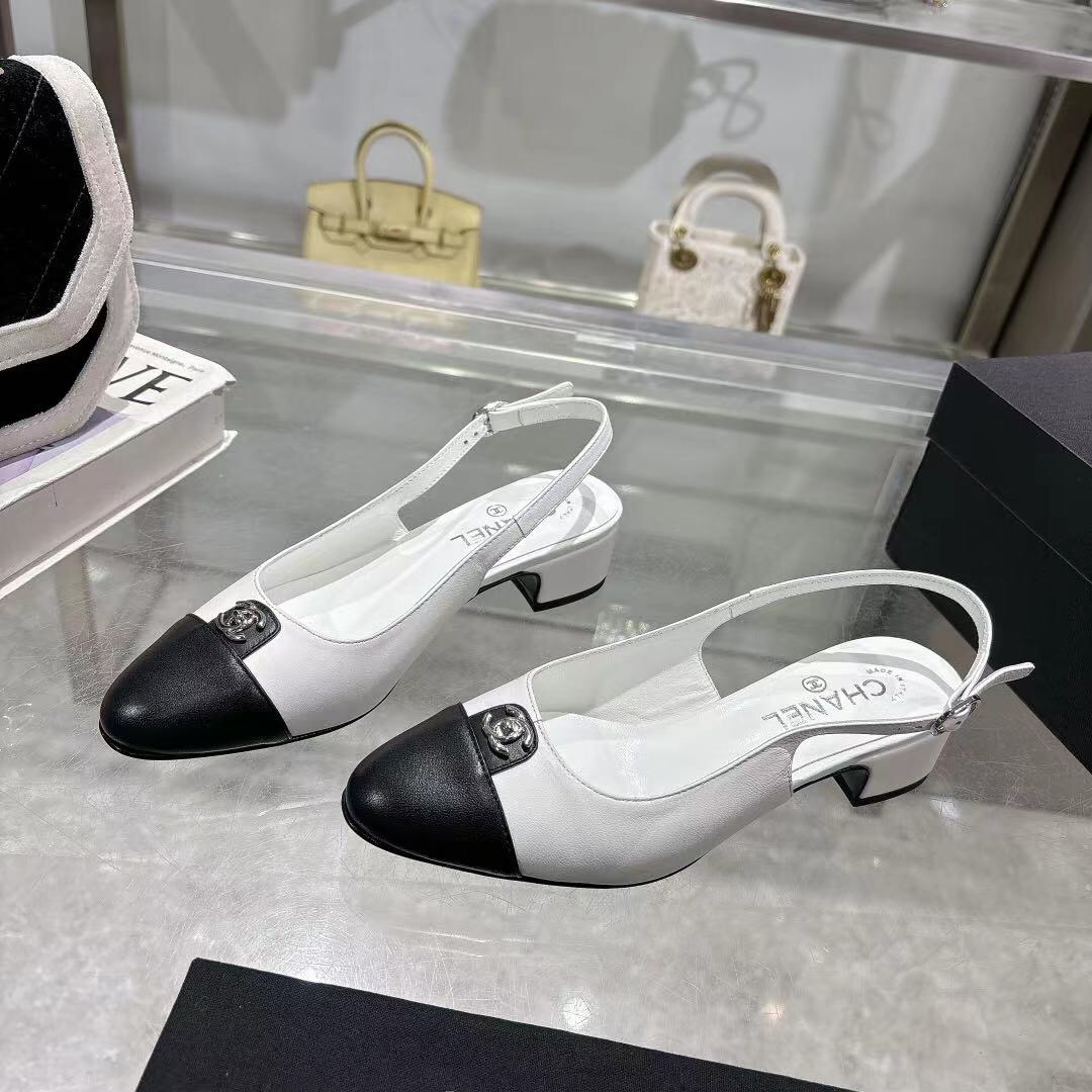 2025 Women Chanel White Black Leather Slingback Heels LY00300