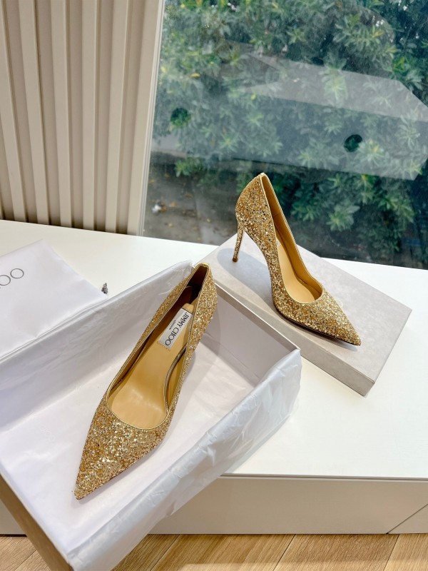 2025 Women Jimmy Choo Gold Crystal Leather Heels KFY00280