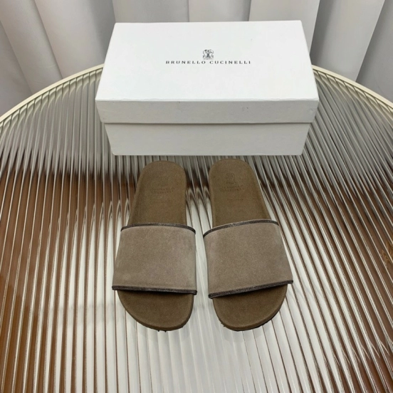 2025 Unisex Brunello Cucinelli Beige Suede Flat Slides Handcrafted With Rubber Sole KFY00240