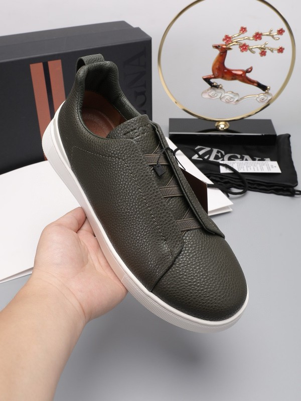 2024 Men Ermenegildo Zegna Dark Green Leather Sneakers MJ00240