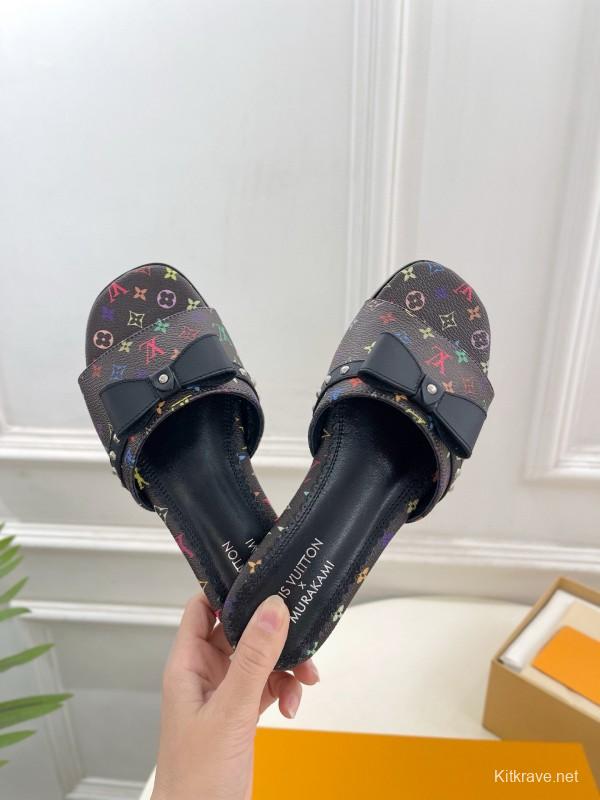 2025 Slippers Louis Vuitton Black Leather Flat Bow MJ00290