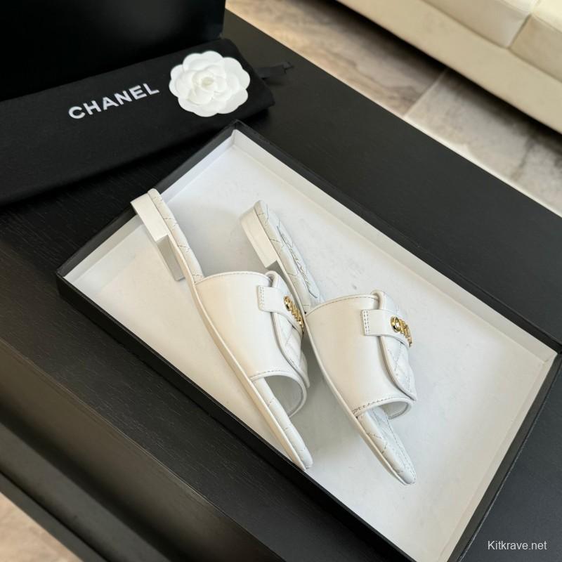 2025 Women Chanel White Leather Slippers
