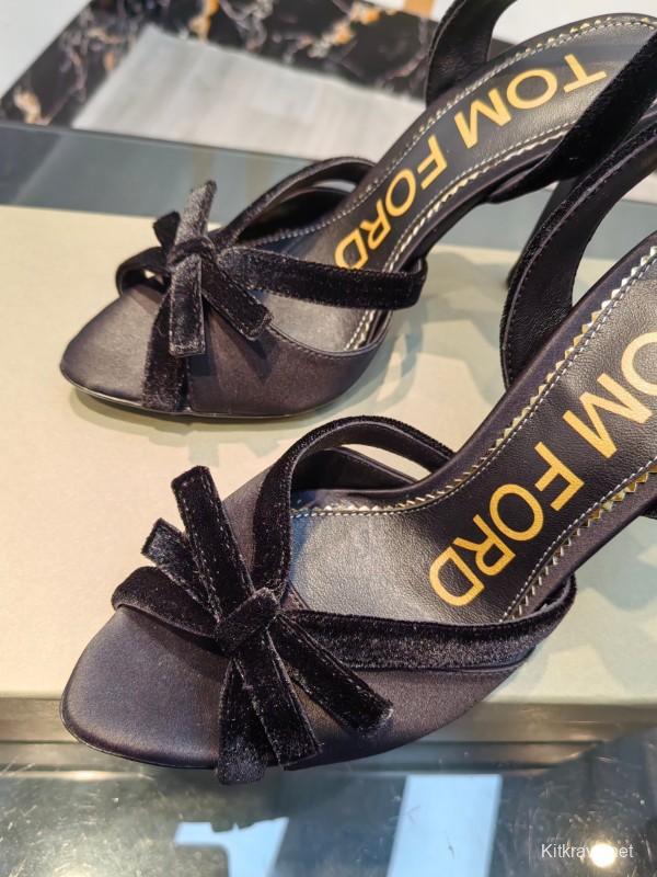 2025 Women TOM FORD Black Velvet High Heel Slingback Bow KFY00300