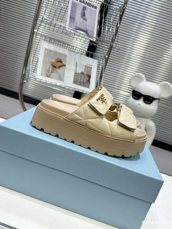 2025 Women Prada Beige Leather Slippers KFY00290