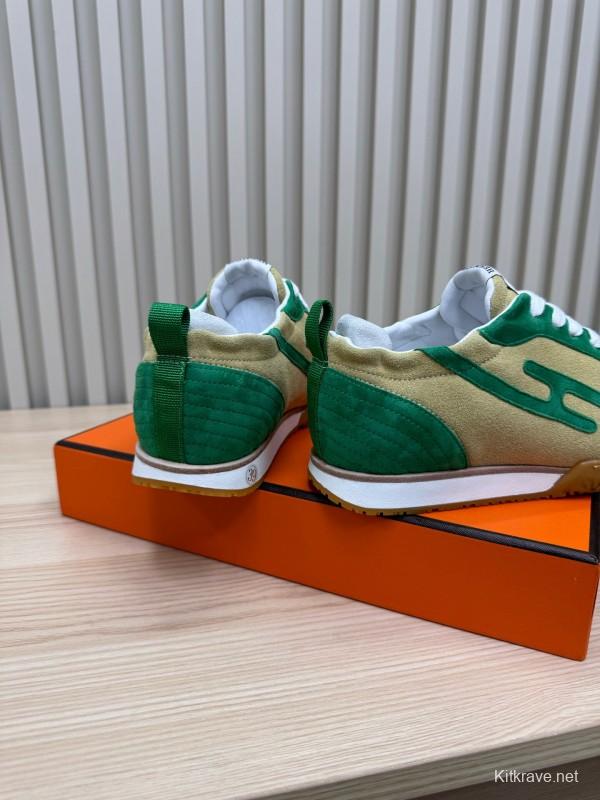 2025 Unisex Hermès Green Beige Suede Down Fabric Sneakers Top Version LY00310