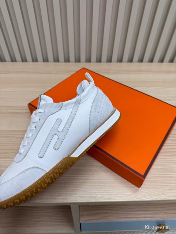 2025 Unisex Hermès White Suede Down Fabric Sneakers Top Version LY00310