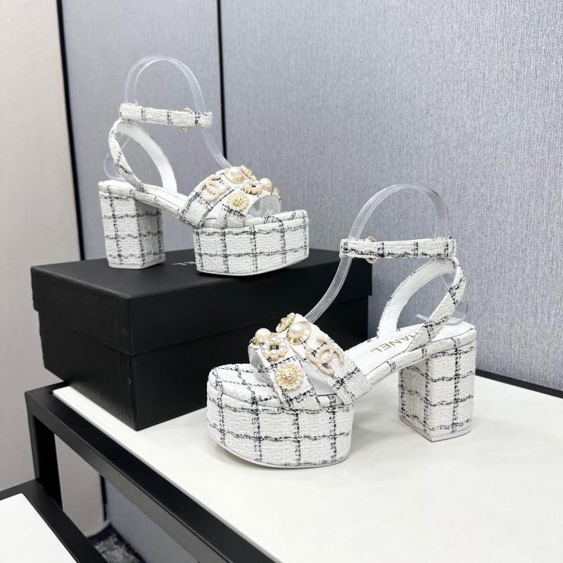 2025 Women Chanel White Black Fabric Platform Sandals Pearl Embellishment