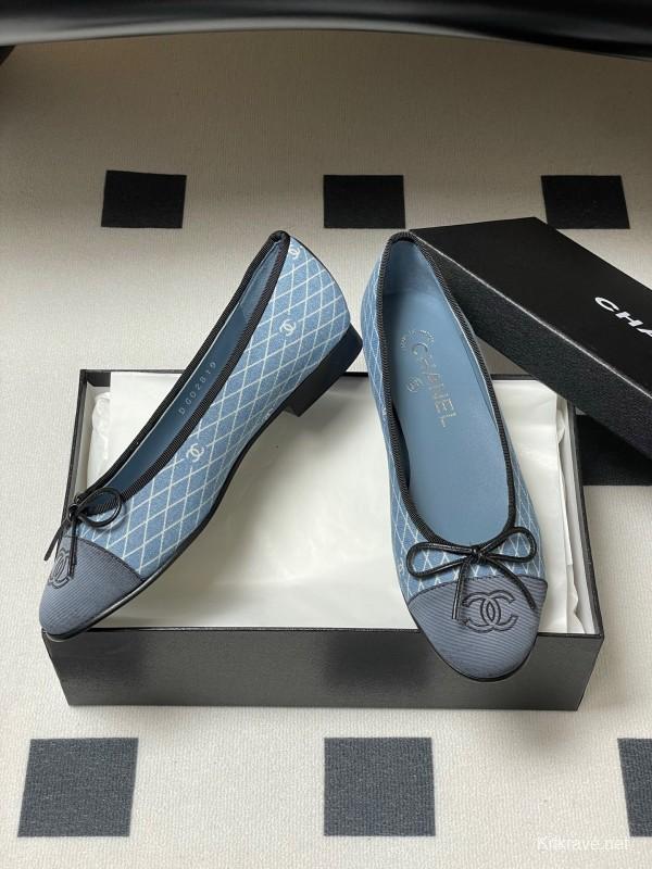 2025 Women Chanel Blue Denim Ballet Flats KFY00300