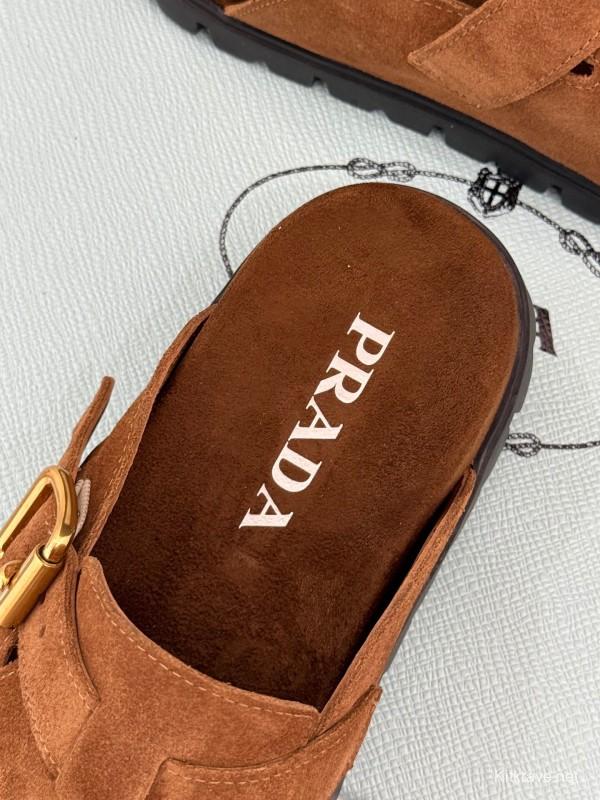 2025 Women Prada Brown Suede Slippers KFY00280