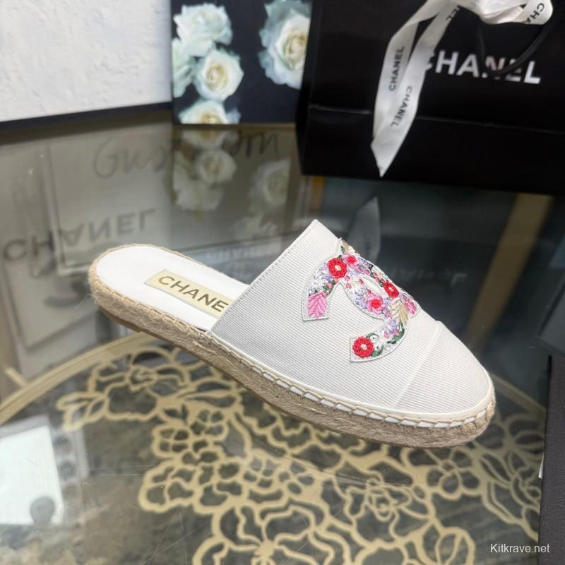 2025 Women Chanel White Canvas Embroidered Espadrille Mule