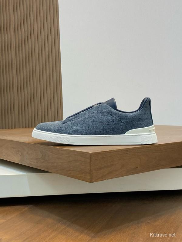 2024 Unisex Ermenegildo Zegna Grey Blue Pelletessuta Calfskin Sneakers Stretch Detail MJ00280