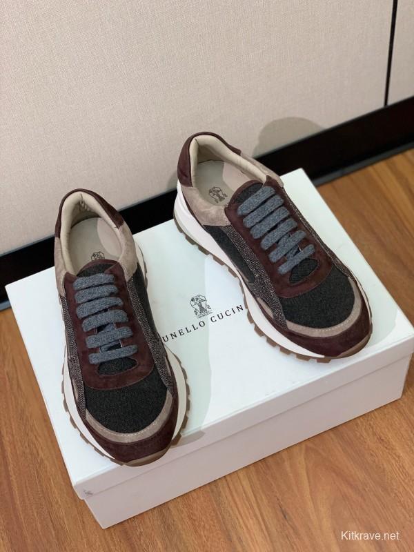 2025 Unisex Brunello Cucinelli Brown Beige Black Suede Leather Sneakers LY