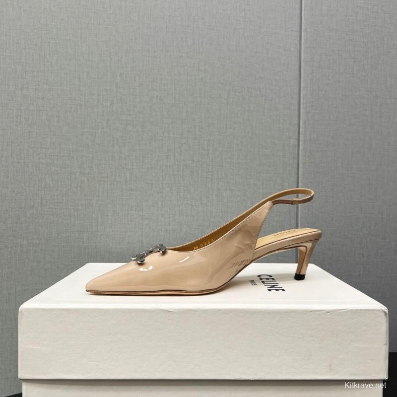 2025 Women Celine Beige Leather Slingback Shoes Metal Buckle