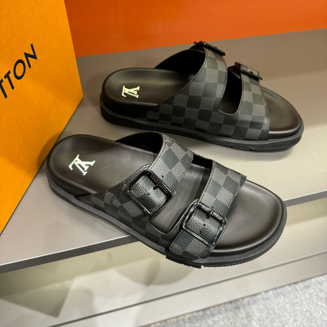 2024 Slippers Louis Vuitton Grey Black Leather Slippers