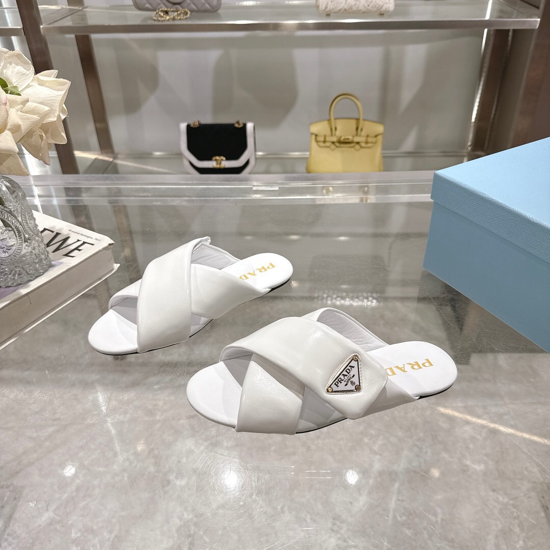 2025 Women Prada White Leather Slippers