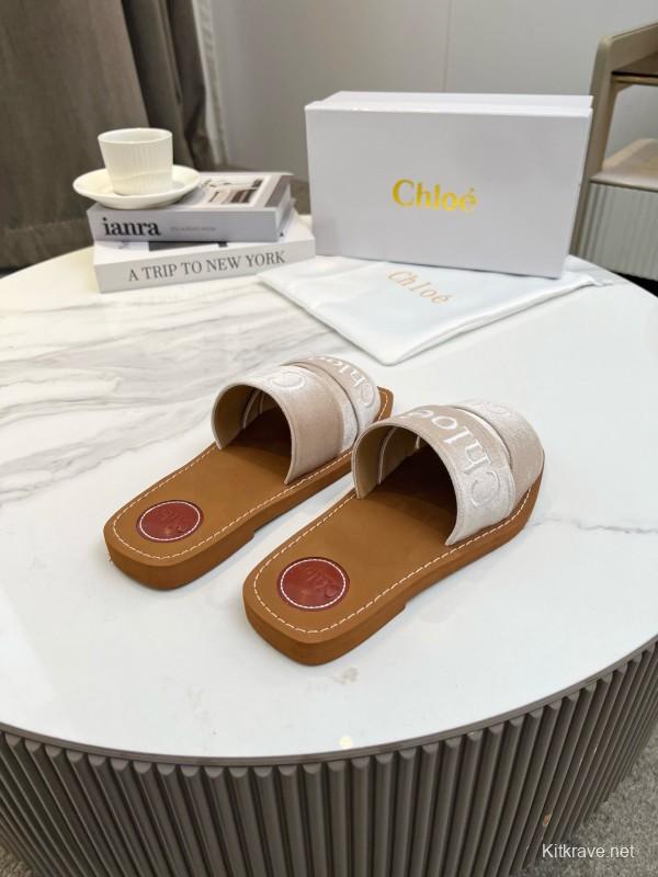 2025 Women Chloé Beige Velvet Slippers LY00200