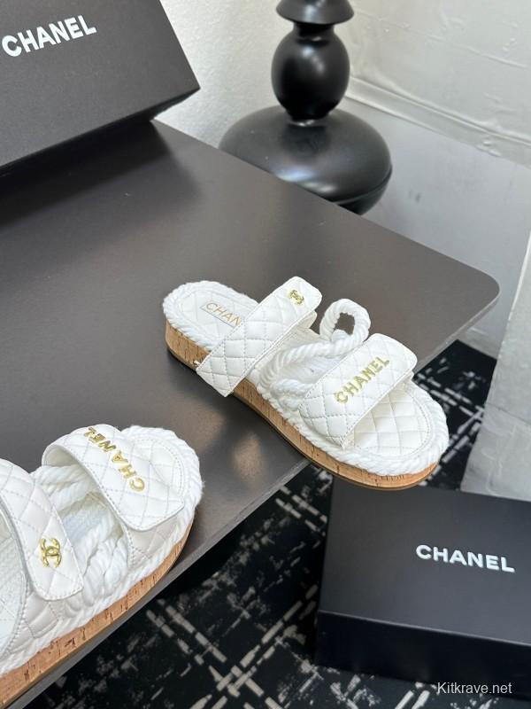 2025 Slippers Chanel White Quilted Fabric Cork Sole LY00250