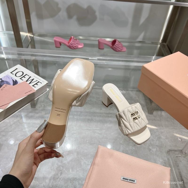 2025 Women Miu Miu White Sheepskin Sandals Embroidered KFY00250