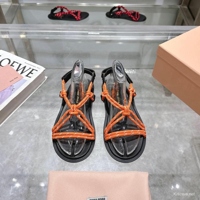 2025 Women Miu Miu Orange Black Rope Leather Sandals