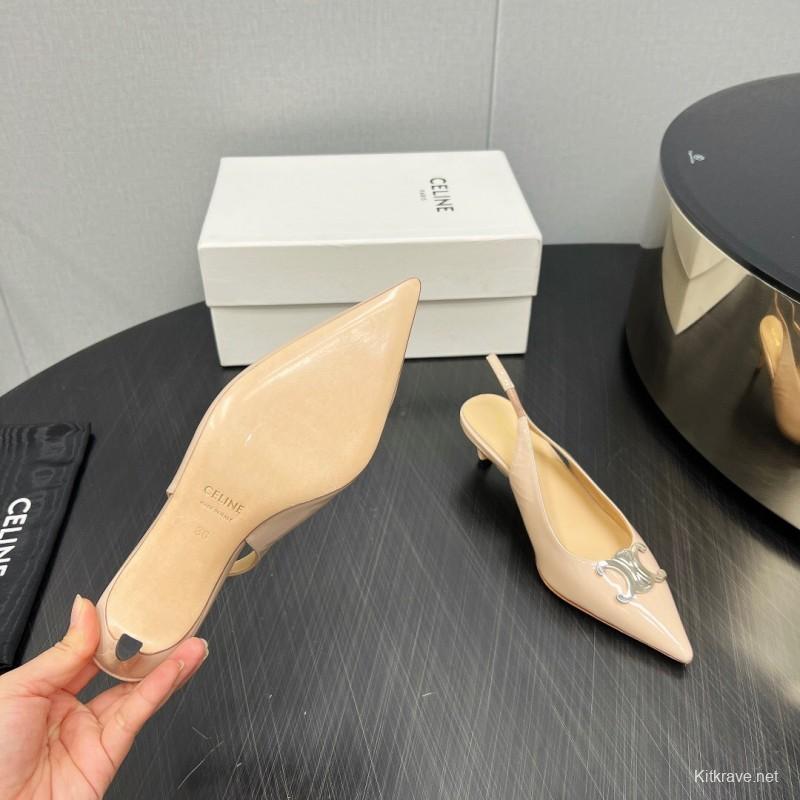 2025 Women Celine Beige Leather Slingback Shoes Metal Buckle