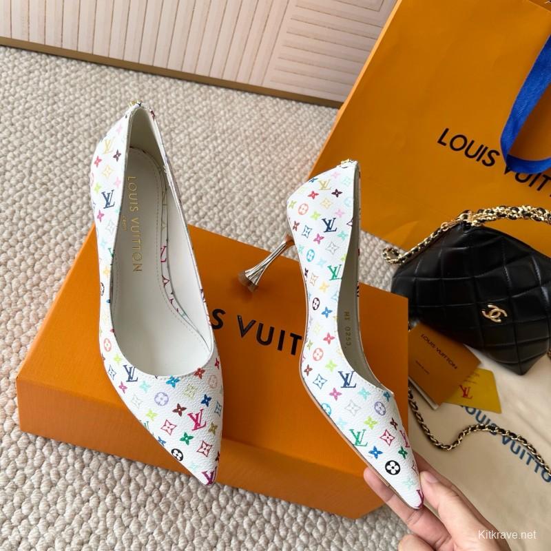 2025 Women Louis Vuitton White Multicolor Leather High Heel Shoes
