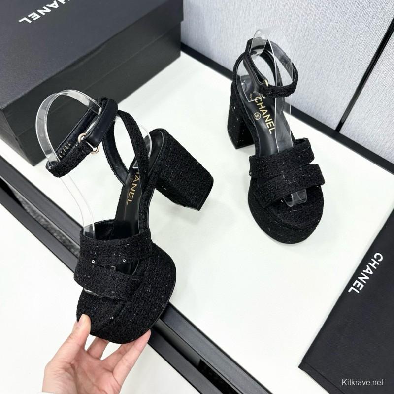 2025 Women Chanel Black Fabric Platform Sandals MJ00310