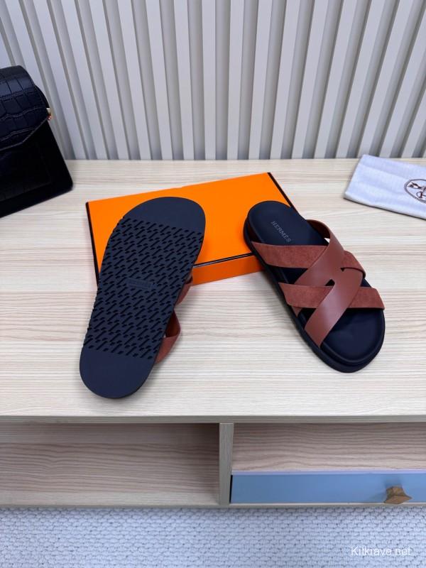 2025 Men HERMÈS Brown Leather Sandals