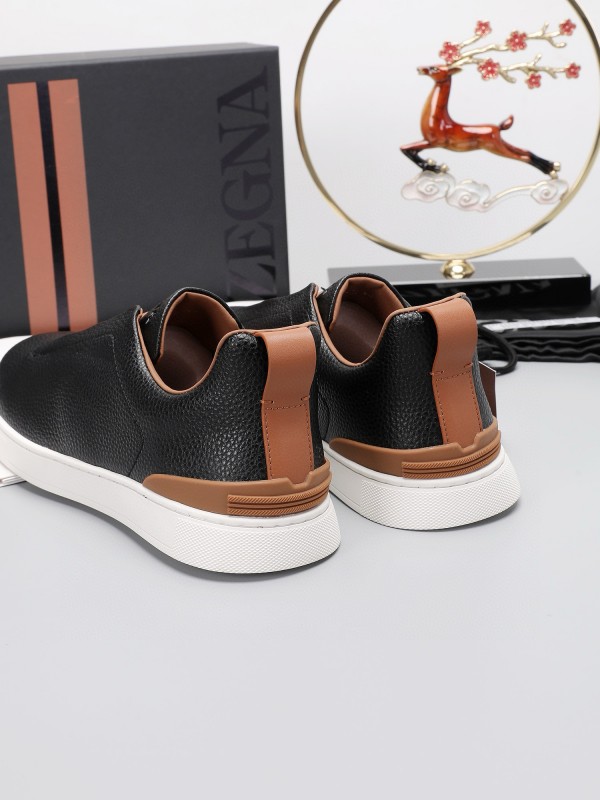 2024 Men Ermenegildo Zegna Black Brown Leather Sneakers MJ00240