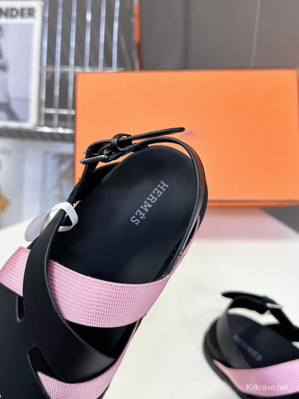 2025 Women Hermès Pink Black Leather Sandals