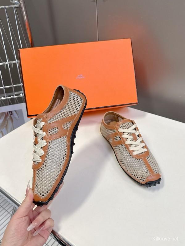 2025 Women Hermès Beige Brown Leather Mesh Sneakers KFY00250